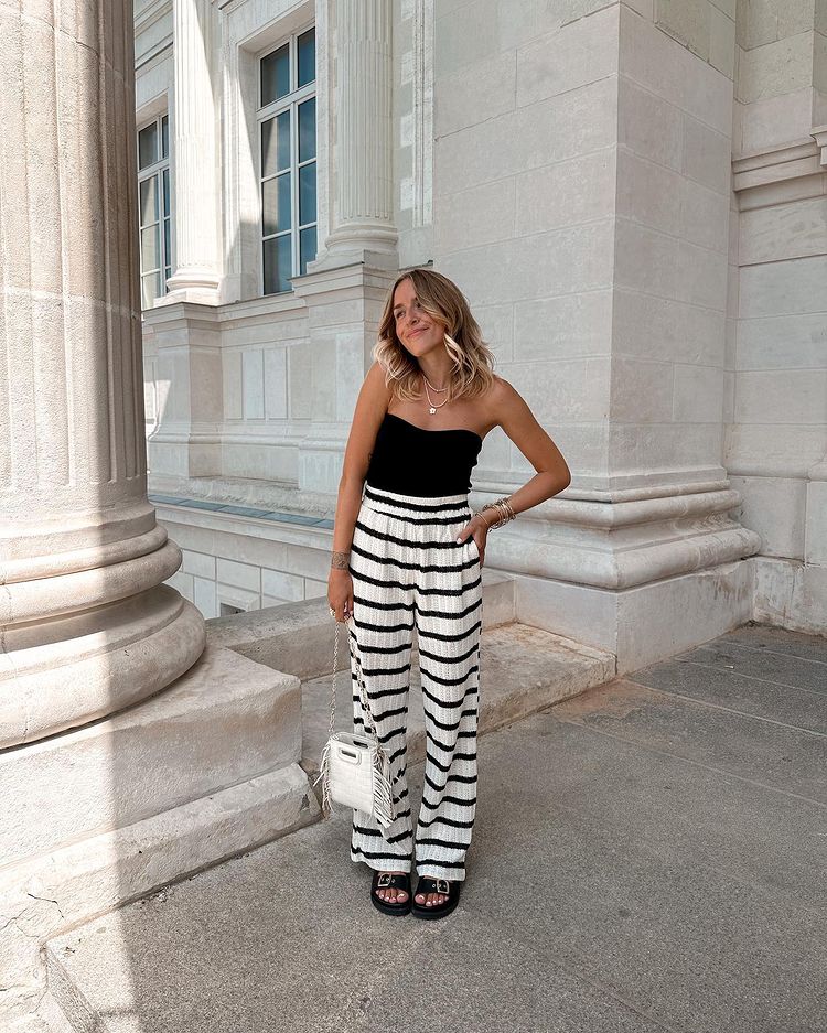 Casual white and black striped pants outfit for summer