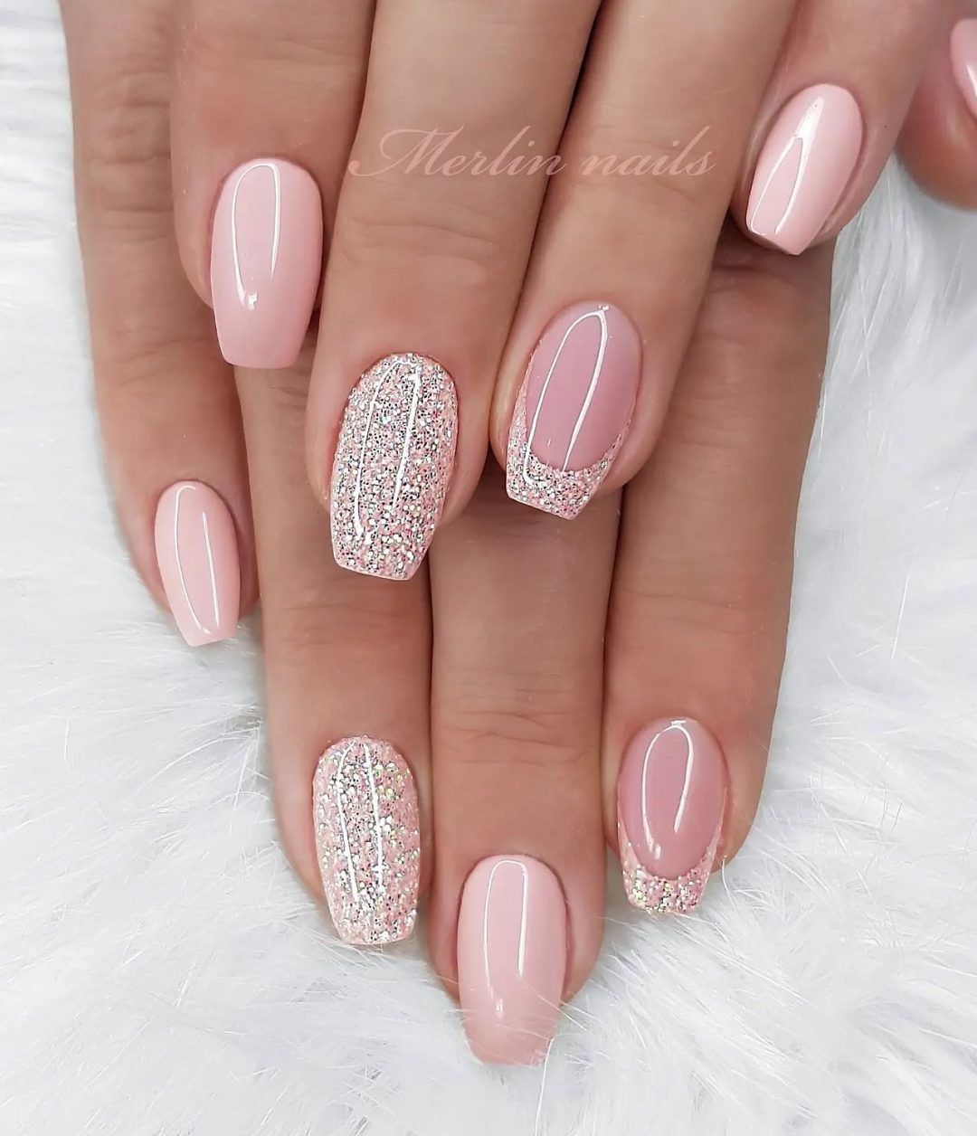 Light pink bridal nails with glitter
