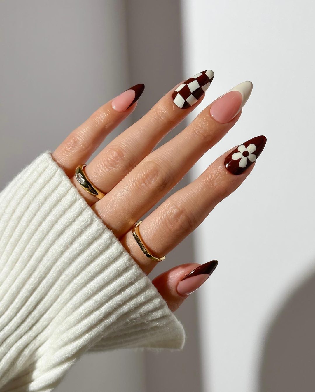 Brown retro fall nails with gingham print