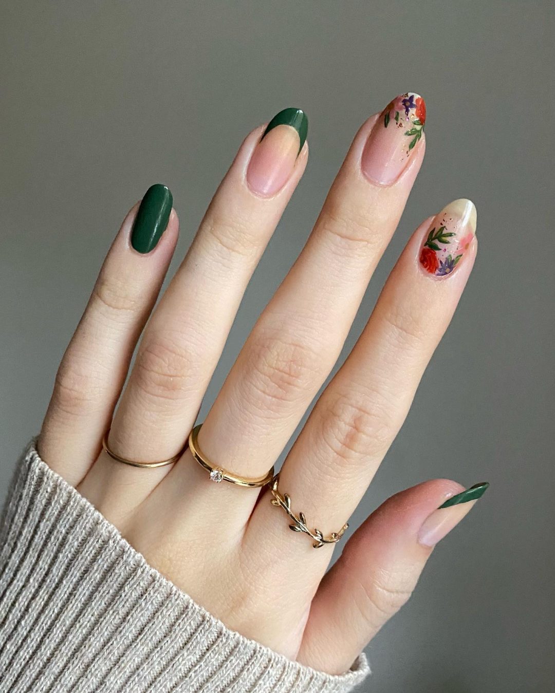 Short forest green fall nails with French tips