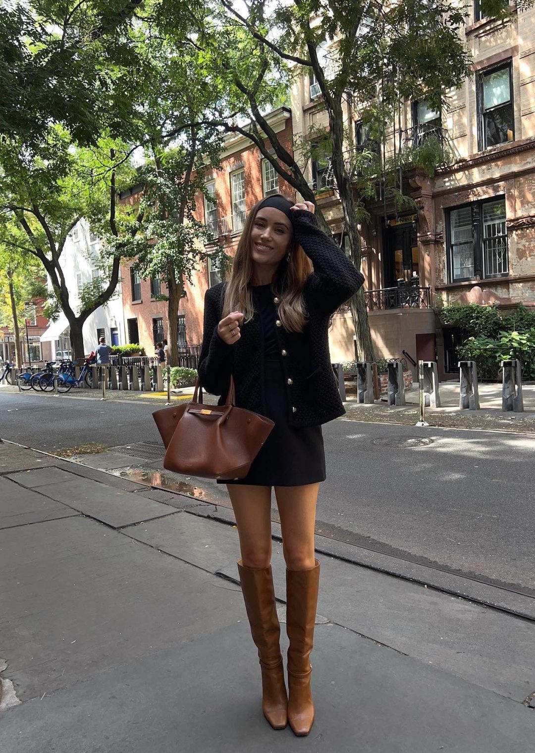 Cute fall outfit with brown knee high boots and brown DeMellier New York tote