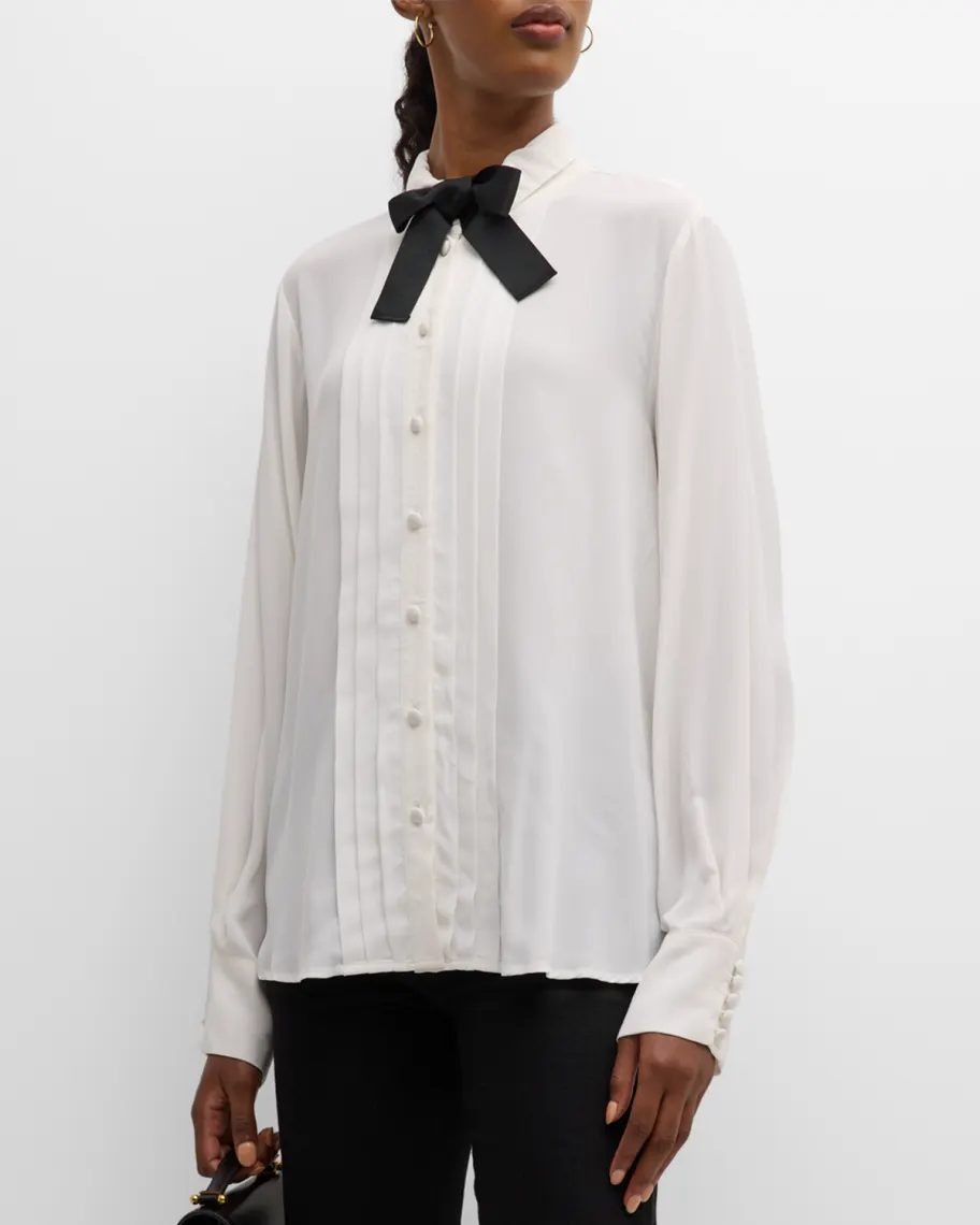 White and black Emporio Armani Pintuck Bow Tie Button-Down Shirt 