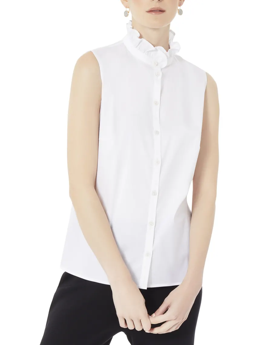 White Misook Ruffle-Neck Stretch Cotton Blouse 