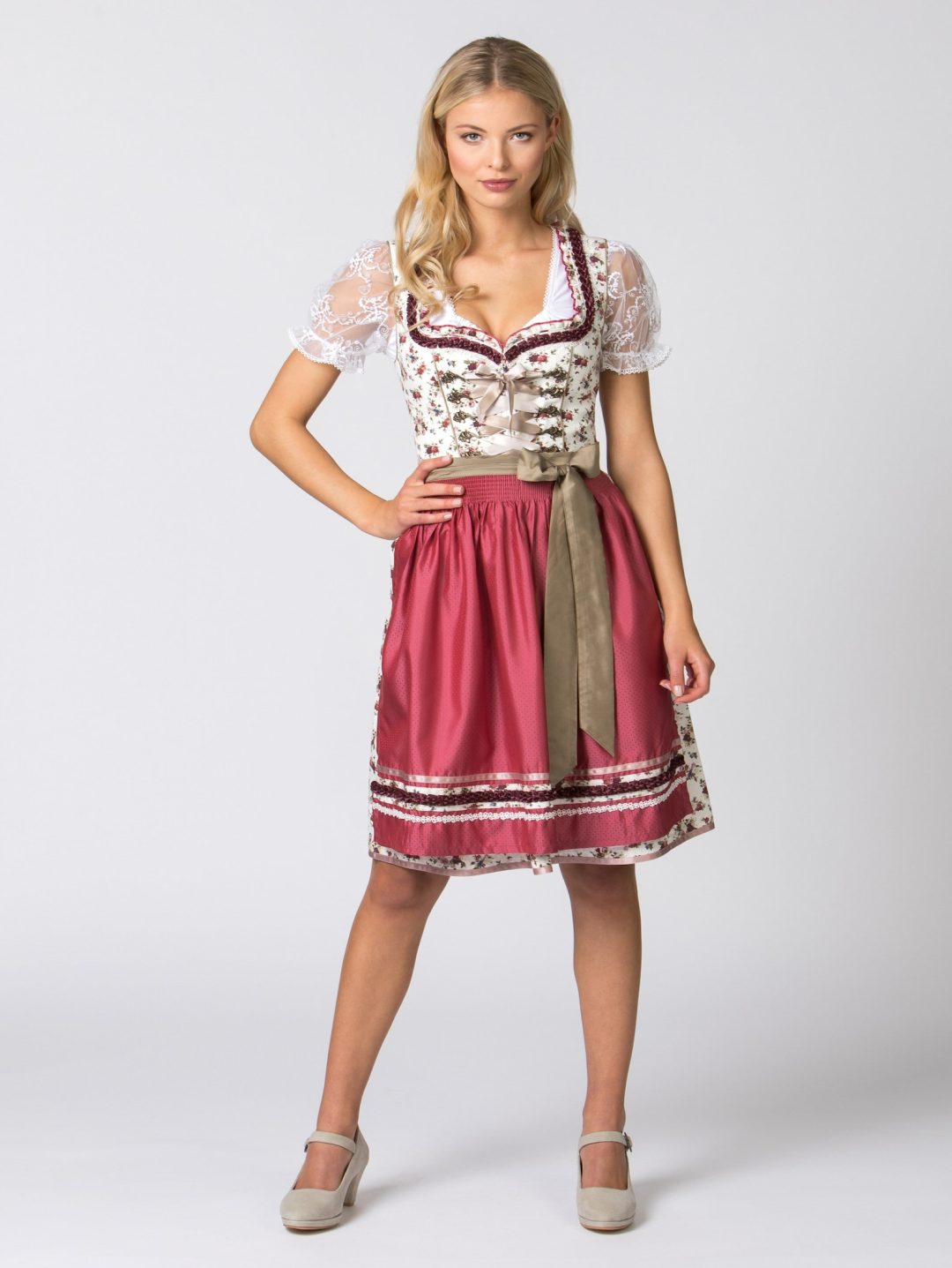 White and red dirndl with floral print