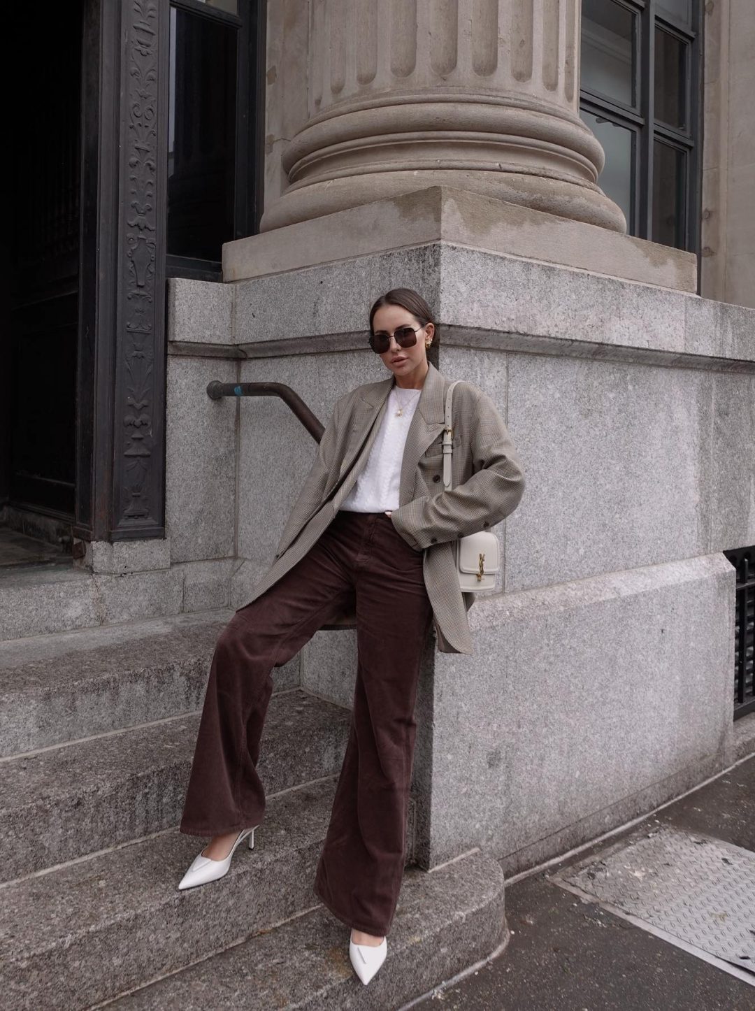 Brown corduroy pants with grey blazer.