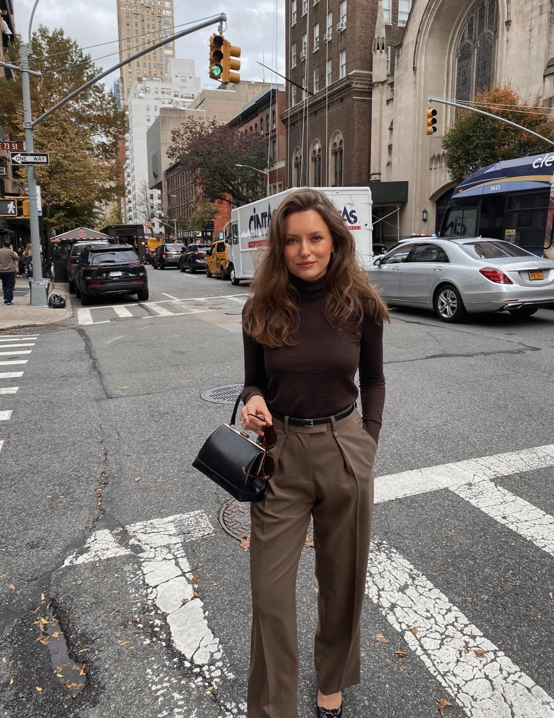Brown fall outfit with turtleneck.