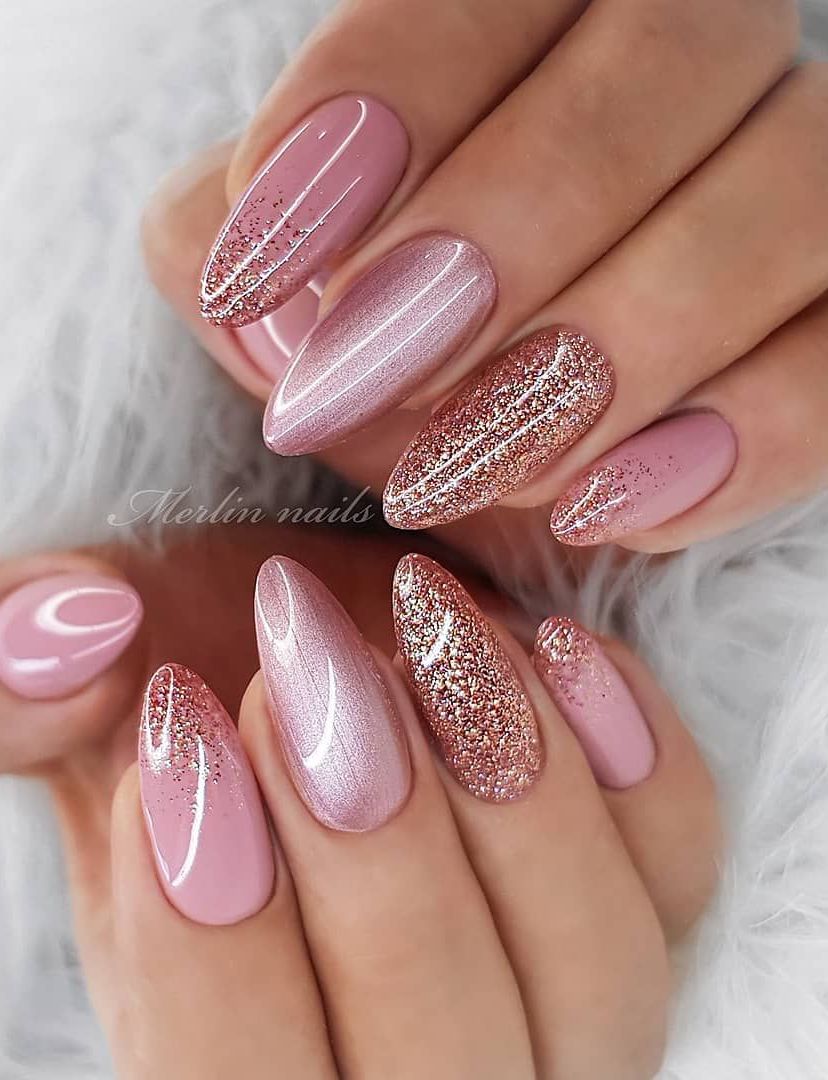 Rose gold and pink nails with glitter.