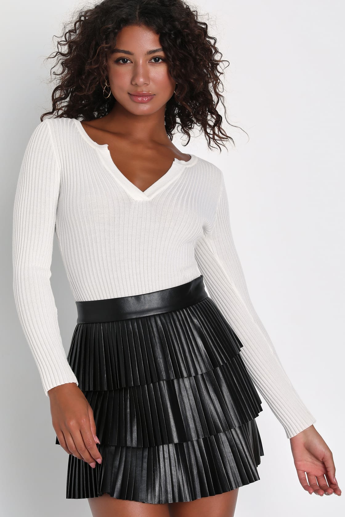 Lulus Bold Charm Black Vegan Leather Pleated Tiered Mini Skirt