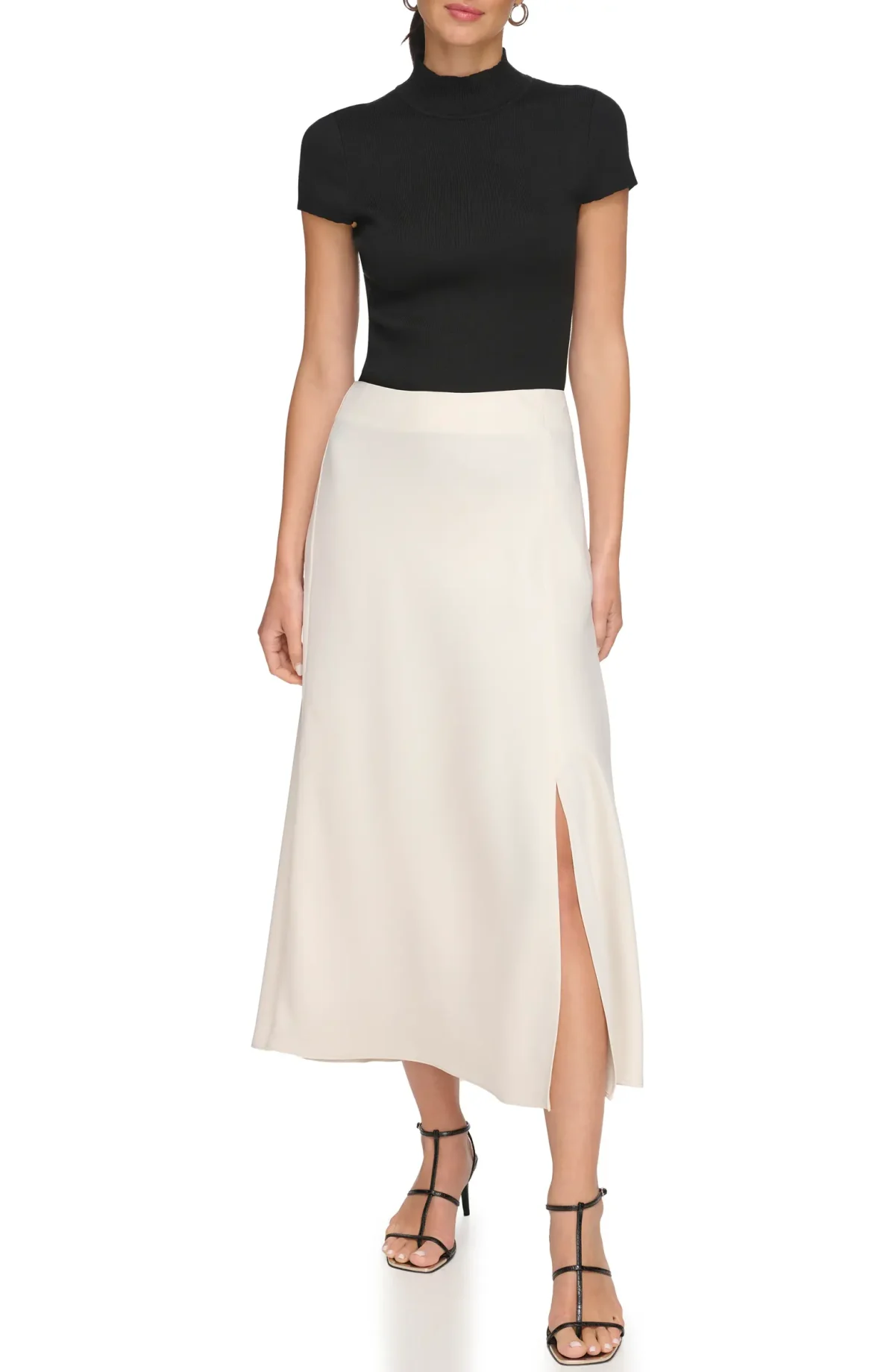 Beige satin midi skirt