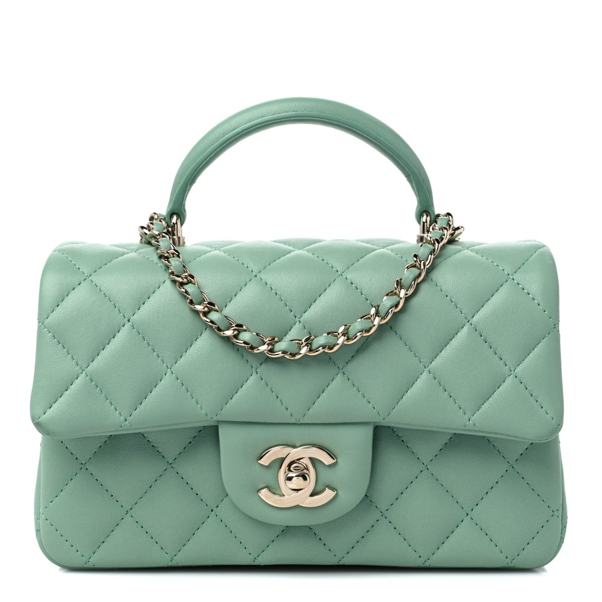 Mint green Chanel Lambskin Quilted Mini Top Handle Rectangular Flap