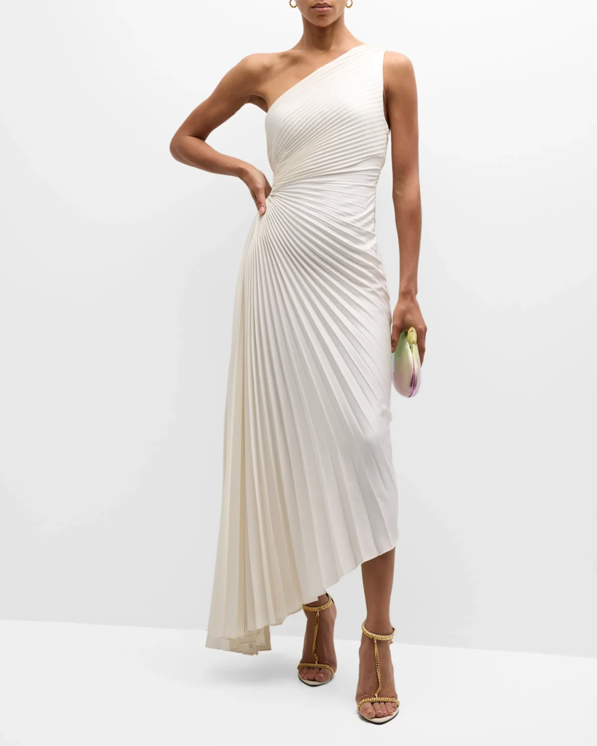 Long white pleated dress.