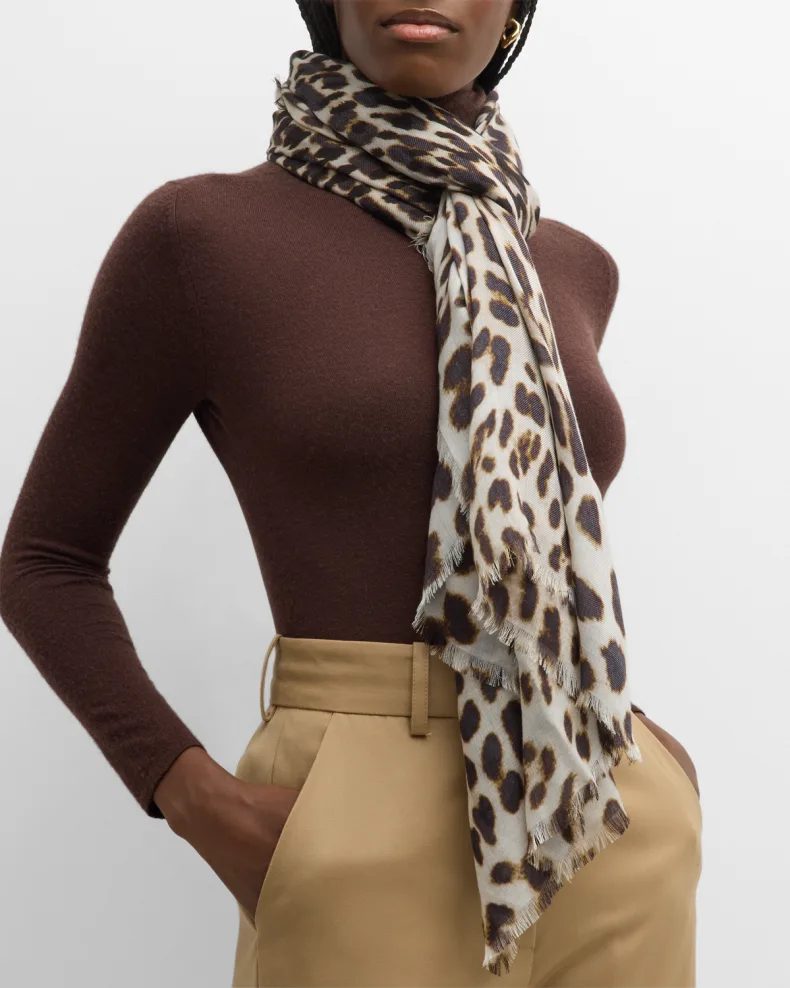 White, tan and black Alonpi Astrid Leopard Cashmere-Silk Scarf 