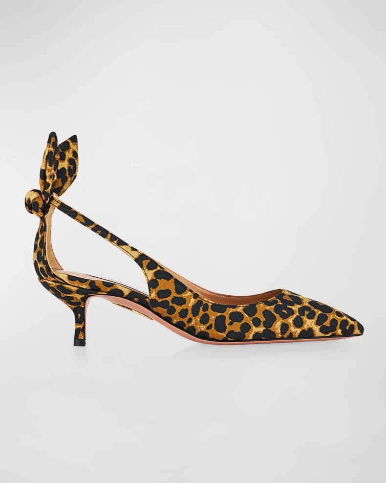 Tan and black Aquazzura 50mm Leopard Bow Kitten-Heel Pumps 