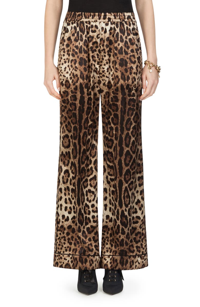 Tan and brown Dolce & Gabbana Leopard Print Wide Leg Stretch Silk Satin Pajama Pants 