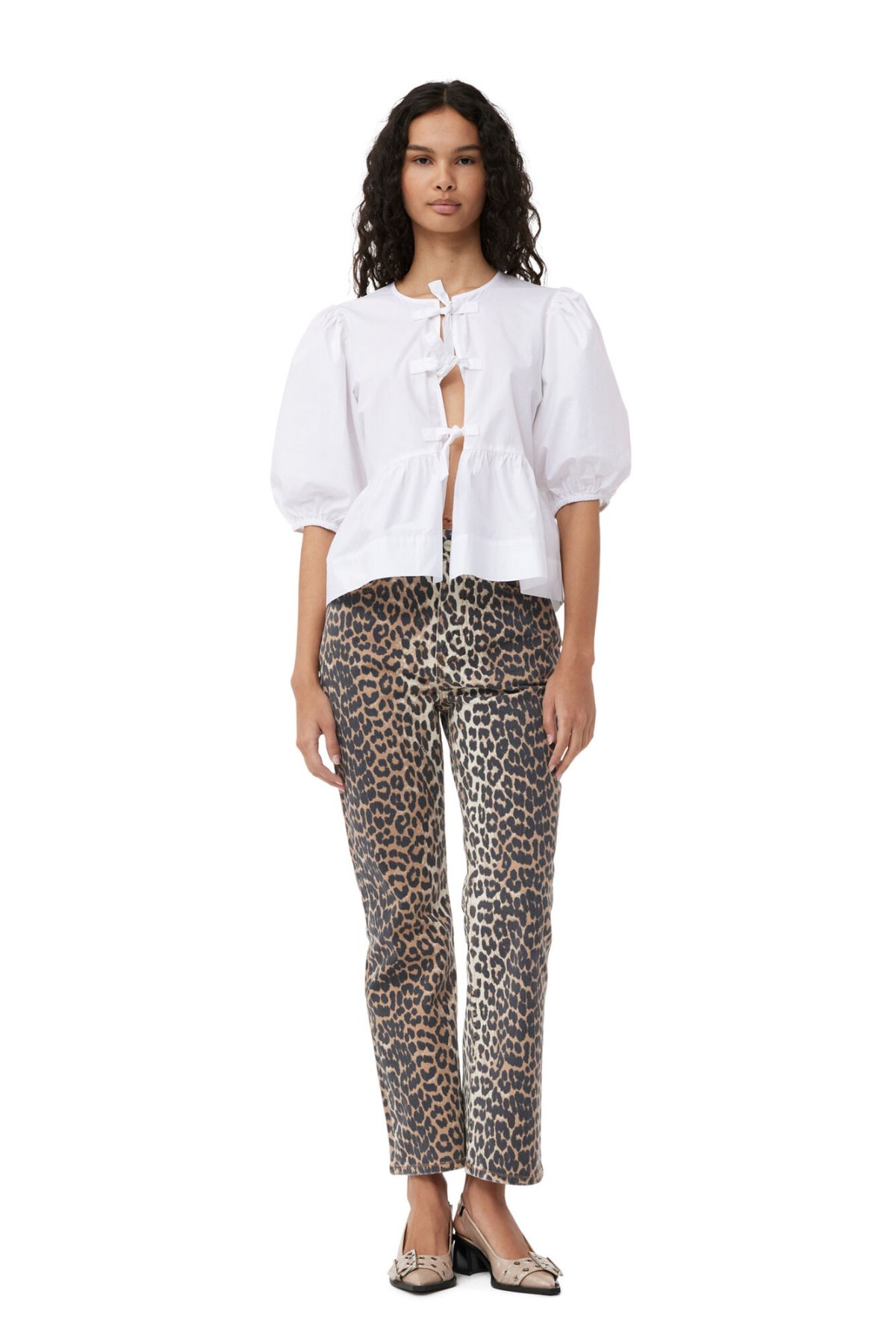 Beige and brown Ganni Leopard Print Betzy Cropped Jeans 