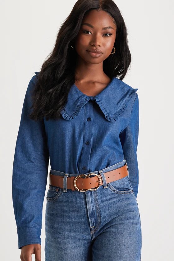 Blue Lulus The Lilian Medium Wash Chambray Chelsea Collar Top 