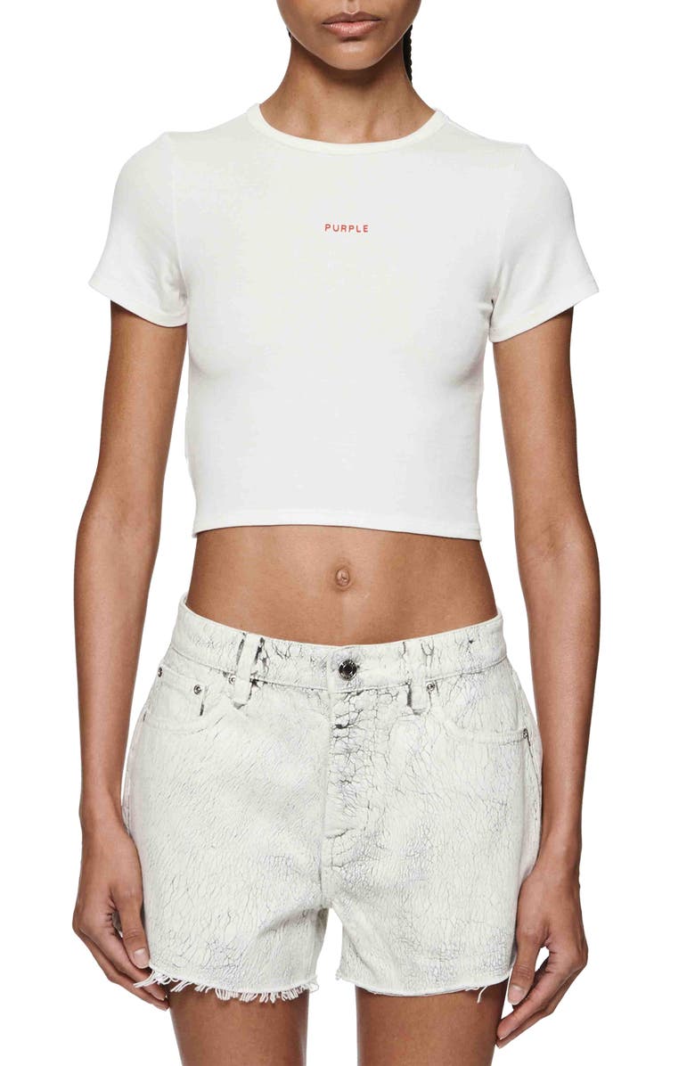 White Purple Brand Logo Rib Crop Baby Tee