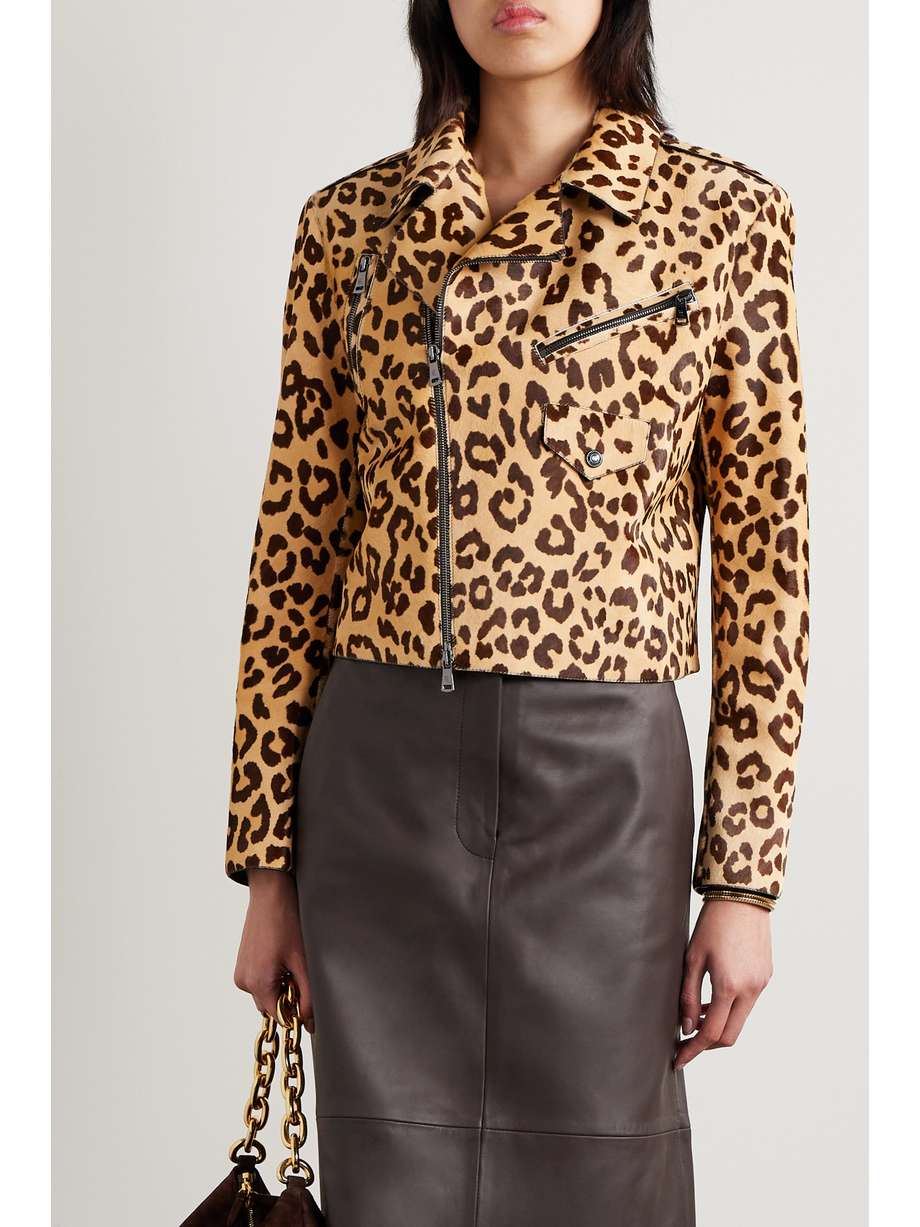 Tan and Brown Ralph Lauren Collection Bevelyn leopard-print calf hair biker jacket 