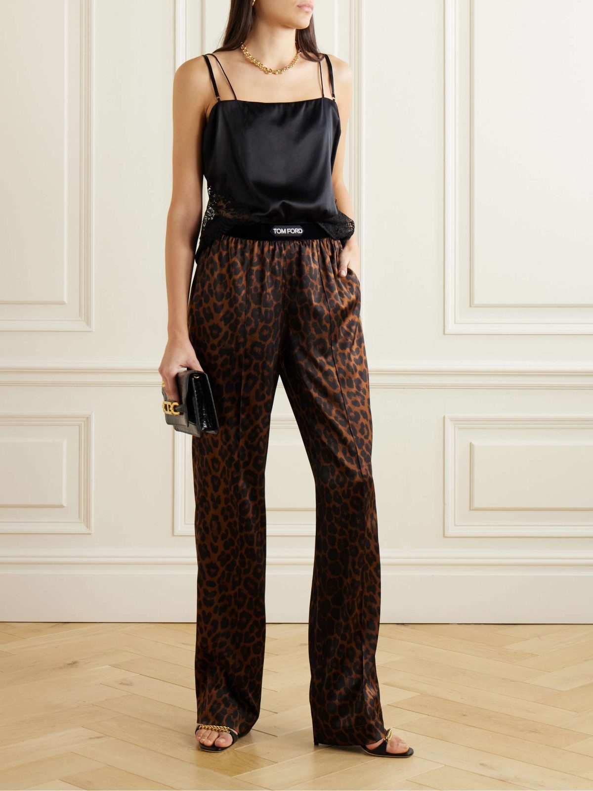 Dark brown and black Tom Ford Jacquard-trimmed leopard-print silk-blend satin wide-leg pants 