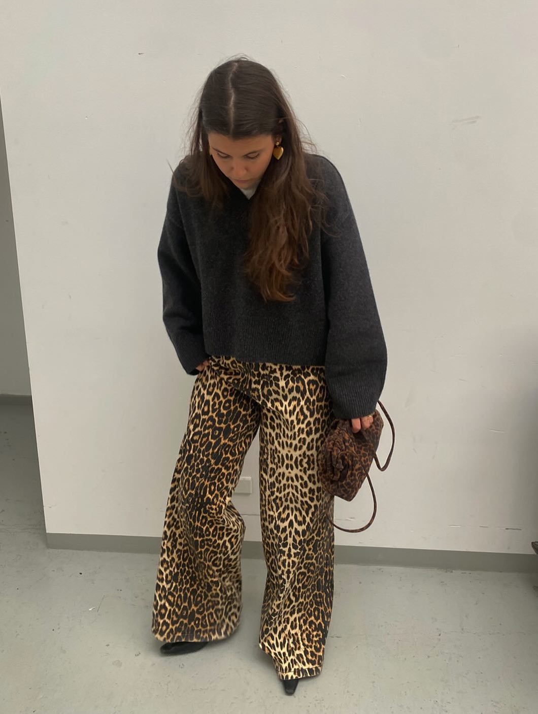 Casual leopard print pants with a grey sweater