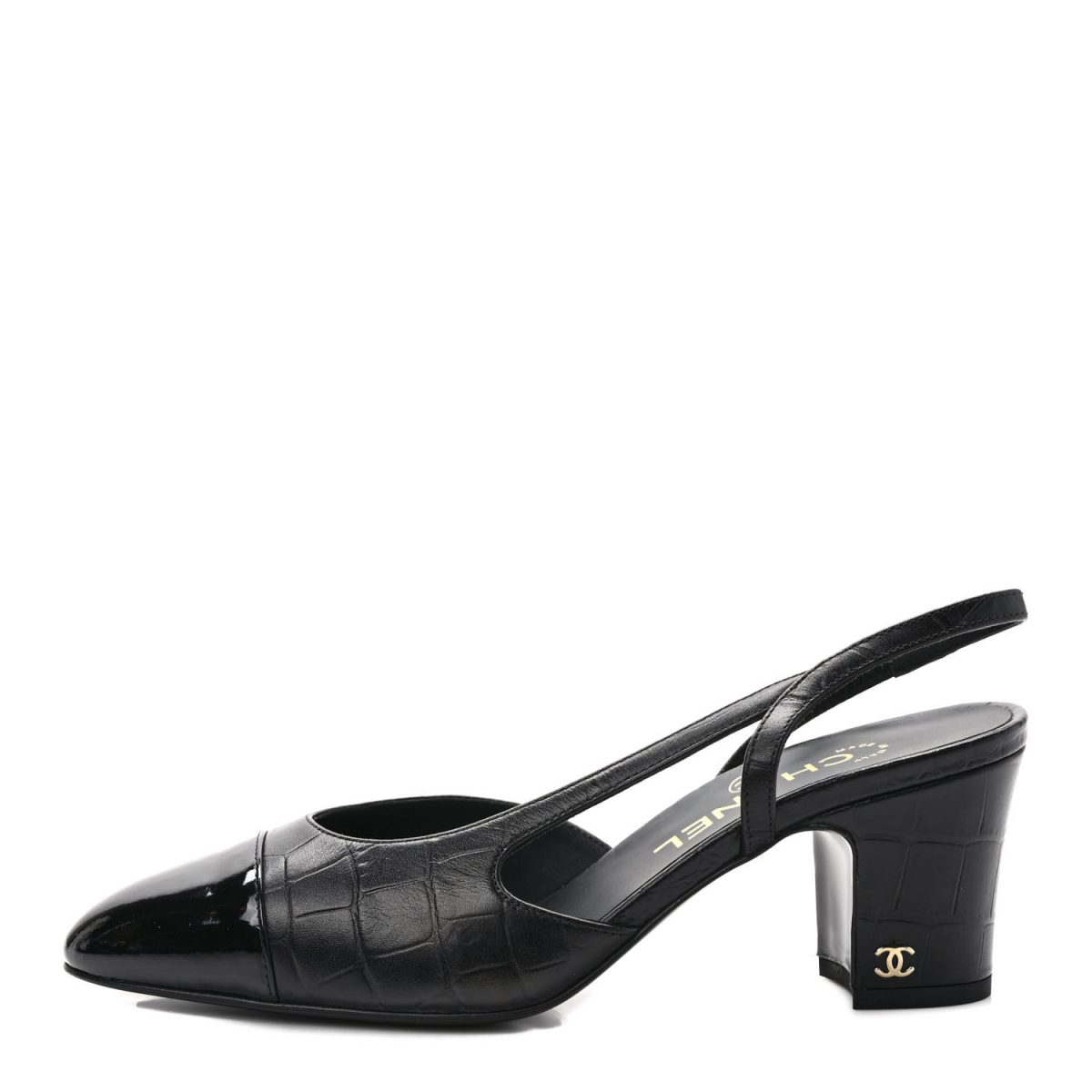 Black Chanel Calfskin Crocodile Embossed Patent Cap Toe CC Slingback Sandals 