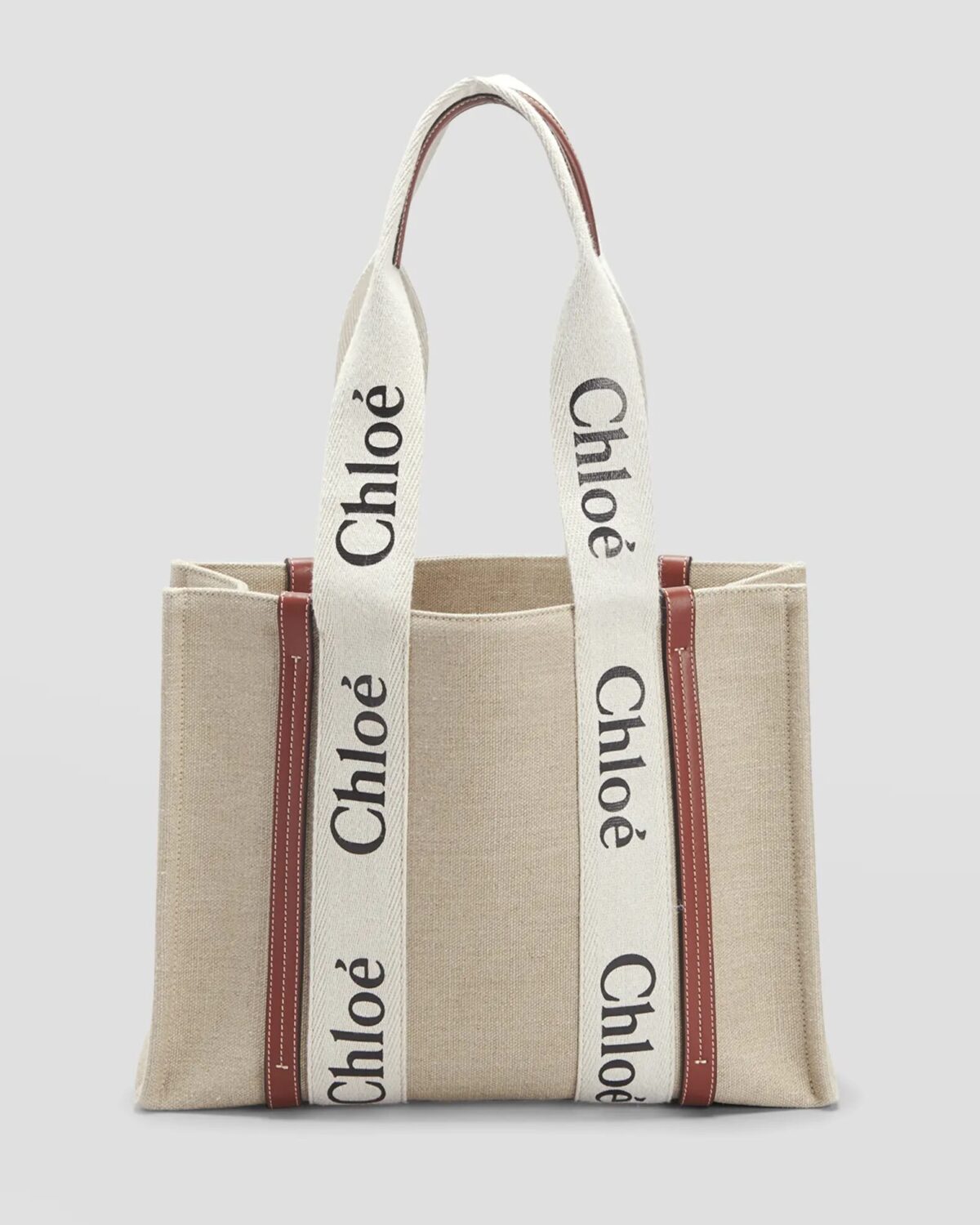 Beige, tan, and white Chloe Woody Medium Tote Bag in Linen