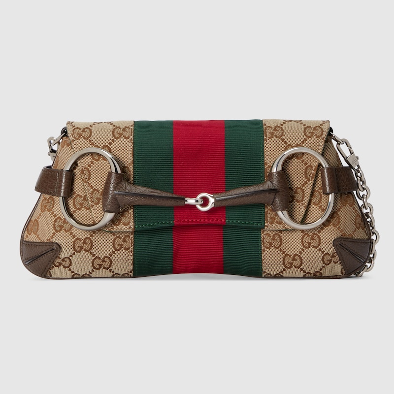 Beige, brown, red, and green Gucci Horsebit Chain Small Shoulder Bag 