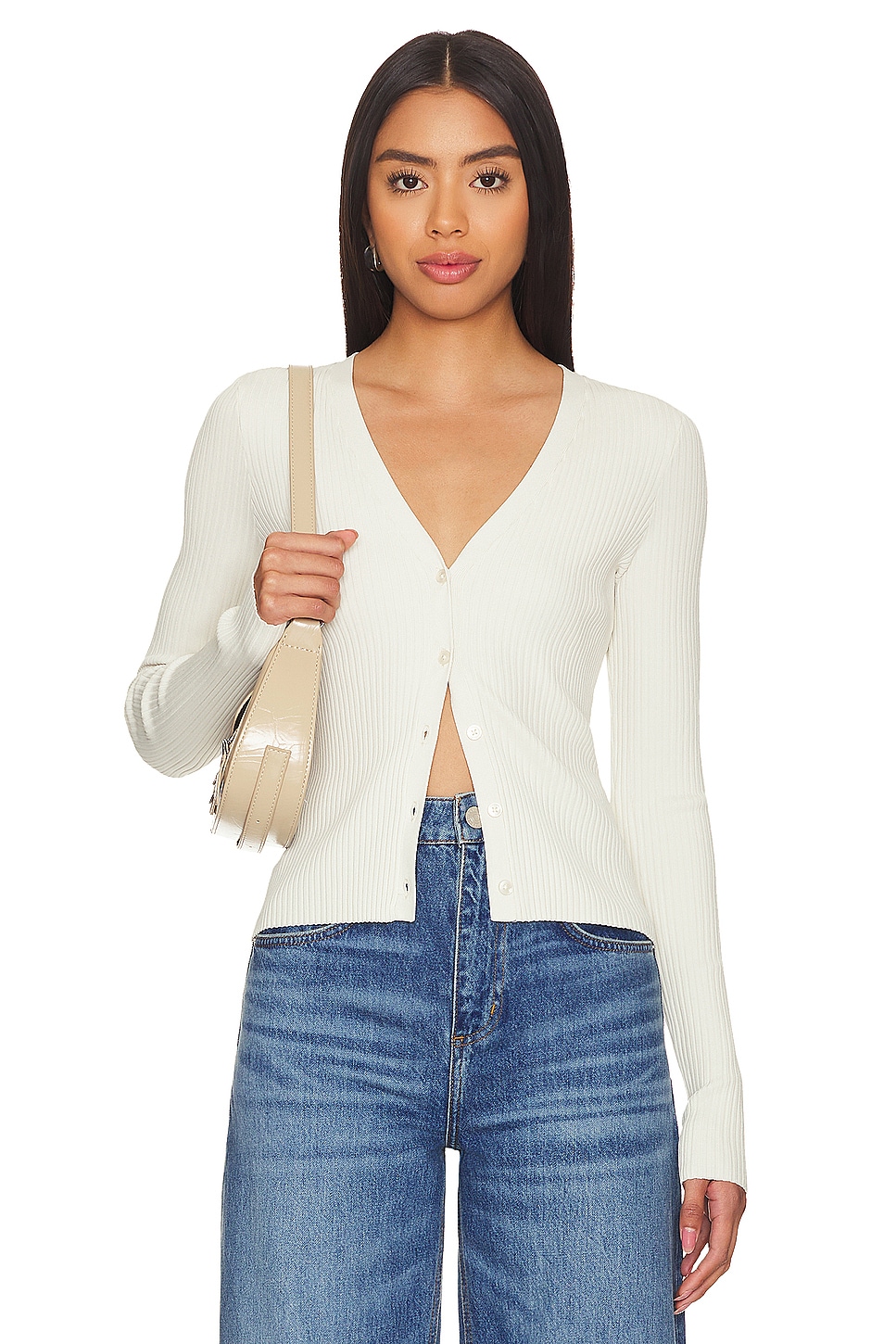 White Good American Shine Rib V-neck Cardi