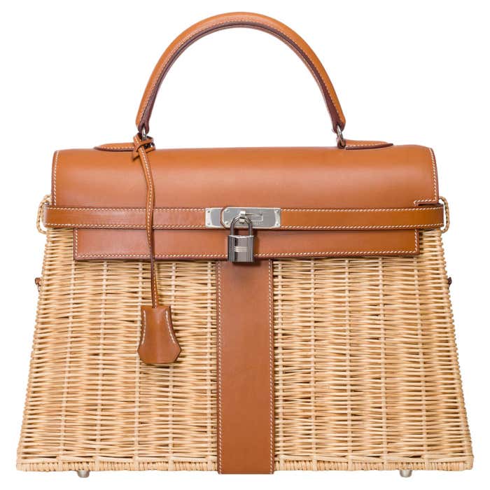 Natural beige and tan Hermès Rare Hermes Kelly 35 Picnic in wicker and barenia leather 