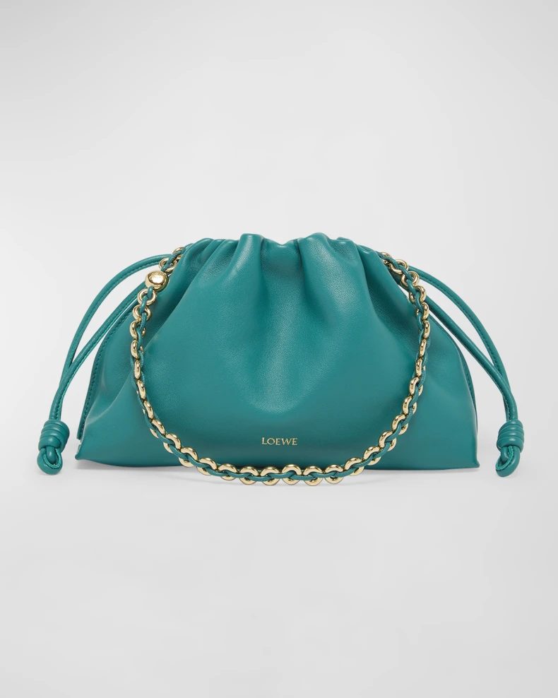 Teal Loewe Flamenco Bag in Napa Leather with Detachable Chain 