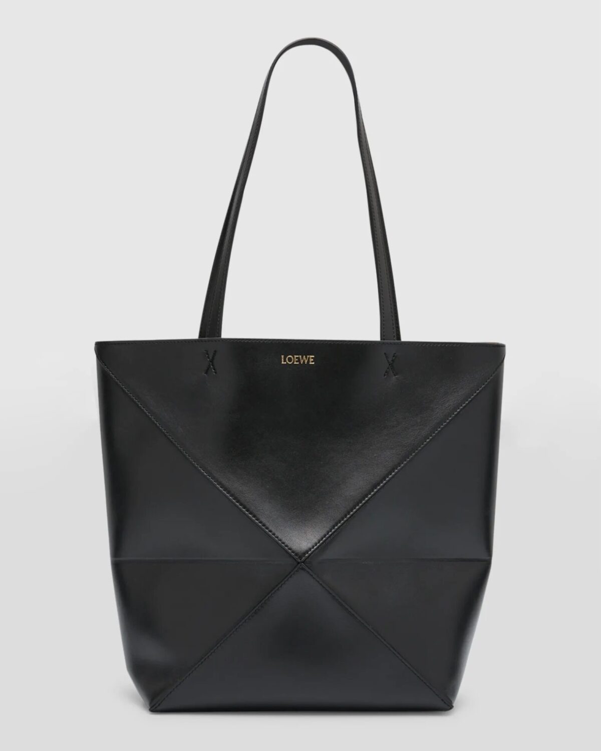 Black Loewe Puzzle Fold Medium Tote Bag in Shiny Leather