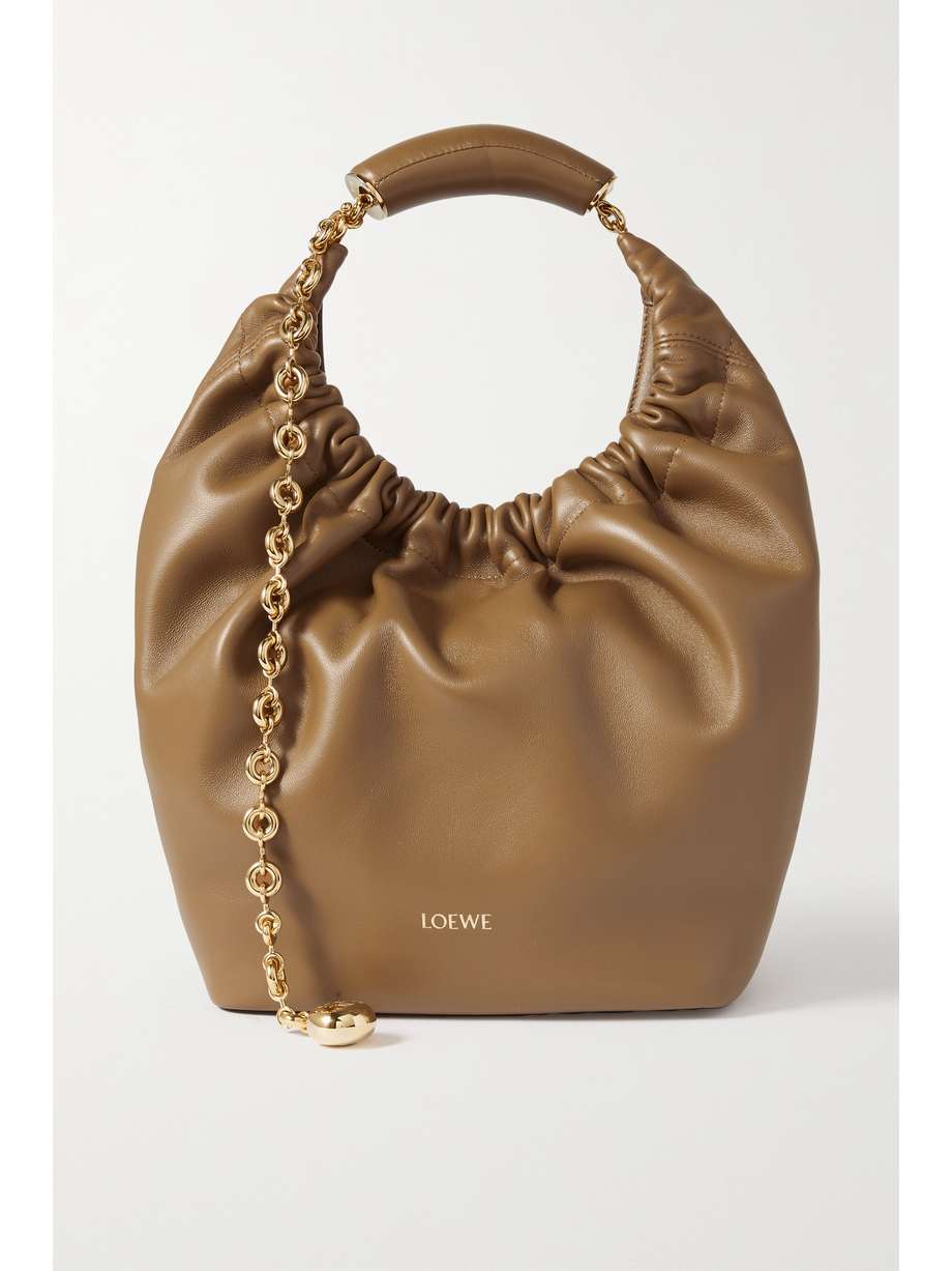 Sandy tan Loewe Squeeze small chain-embellished gathered leather tote 