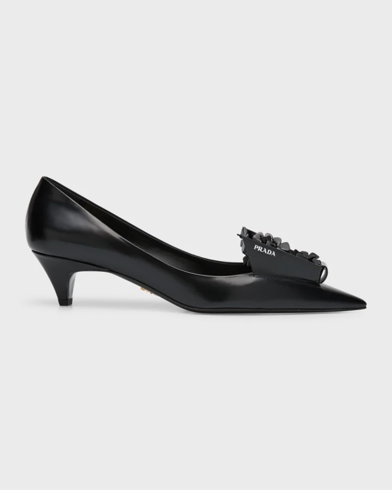 Black Prada Bouquet Leather Kitten-Heel Pumps 