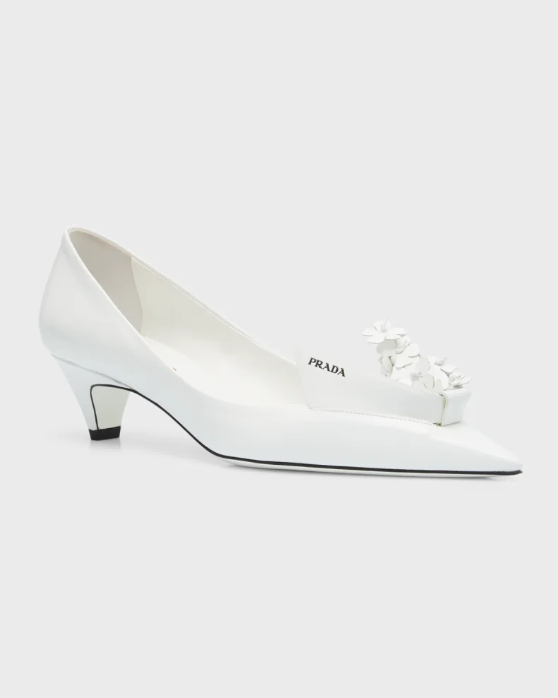 White Prada Bouquet Leather Kitten-Heel Pumps 