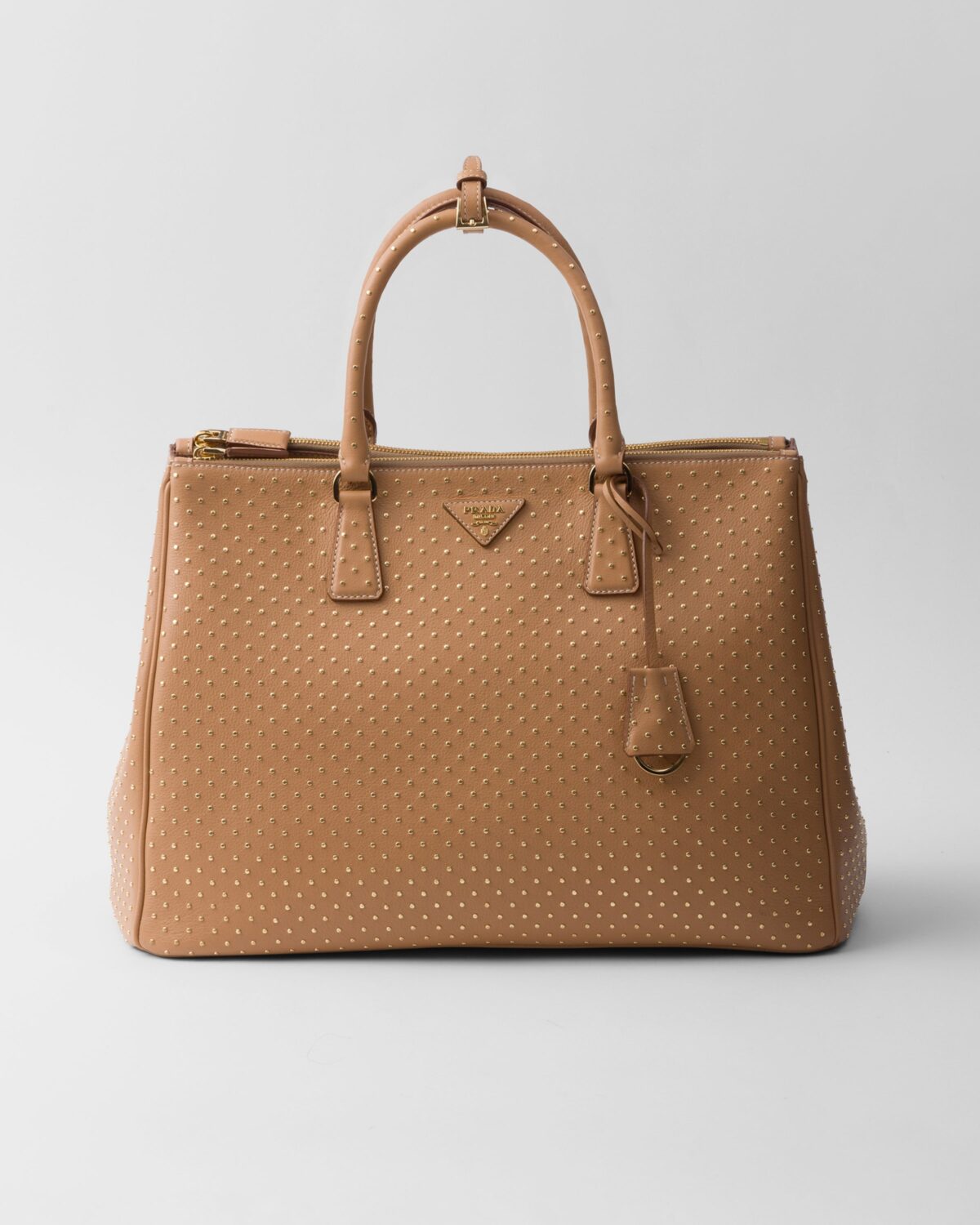 Tan and gold Prada Extra-large Prada Galleria studded leather bag