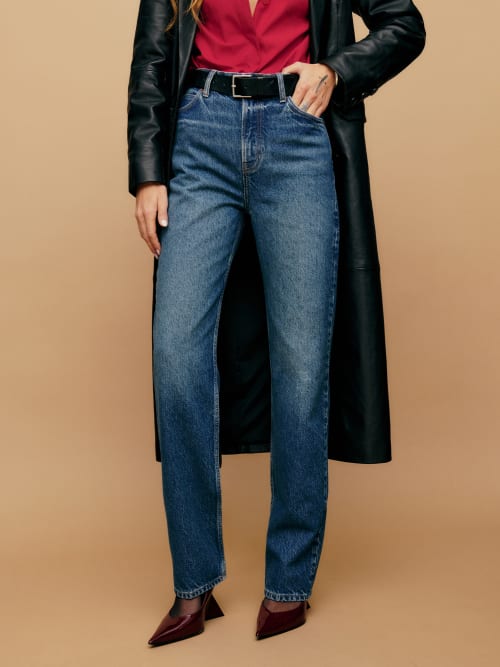 Mid wash blue Reformation Abby High Rise Straight Jeans 