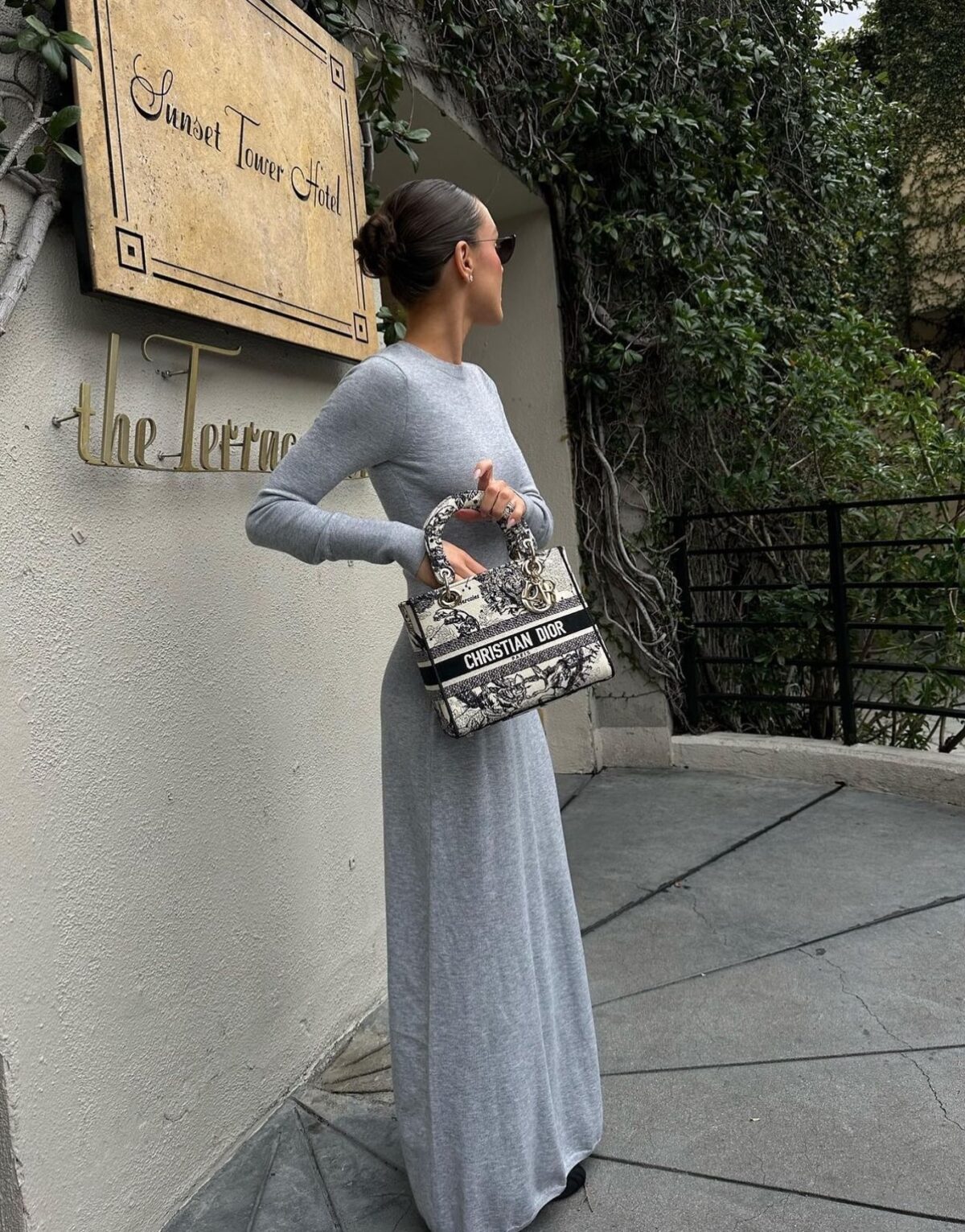 Grey maxi dress with a Lady Dior D-Lite bag