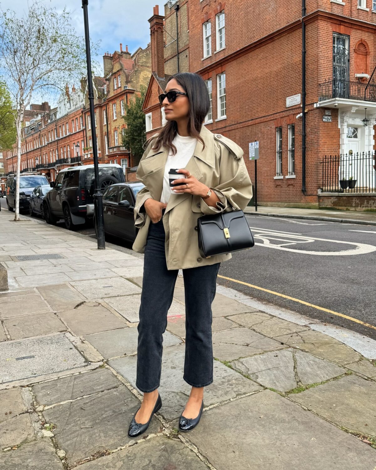 Short trench coat outfit with black jeans