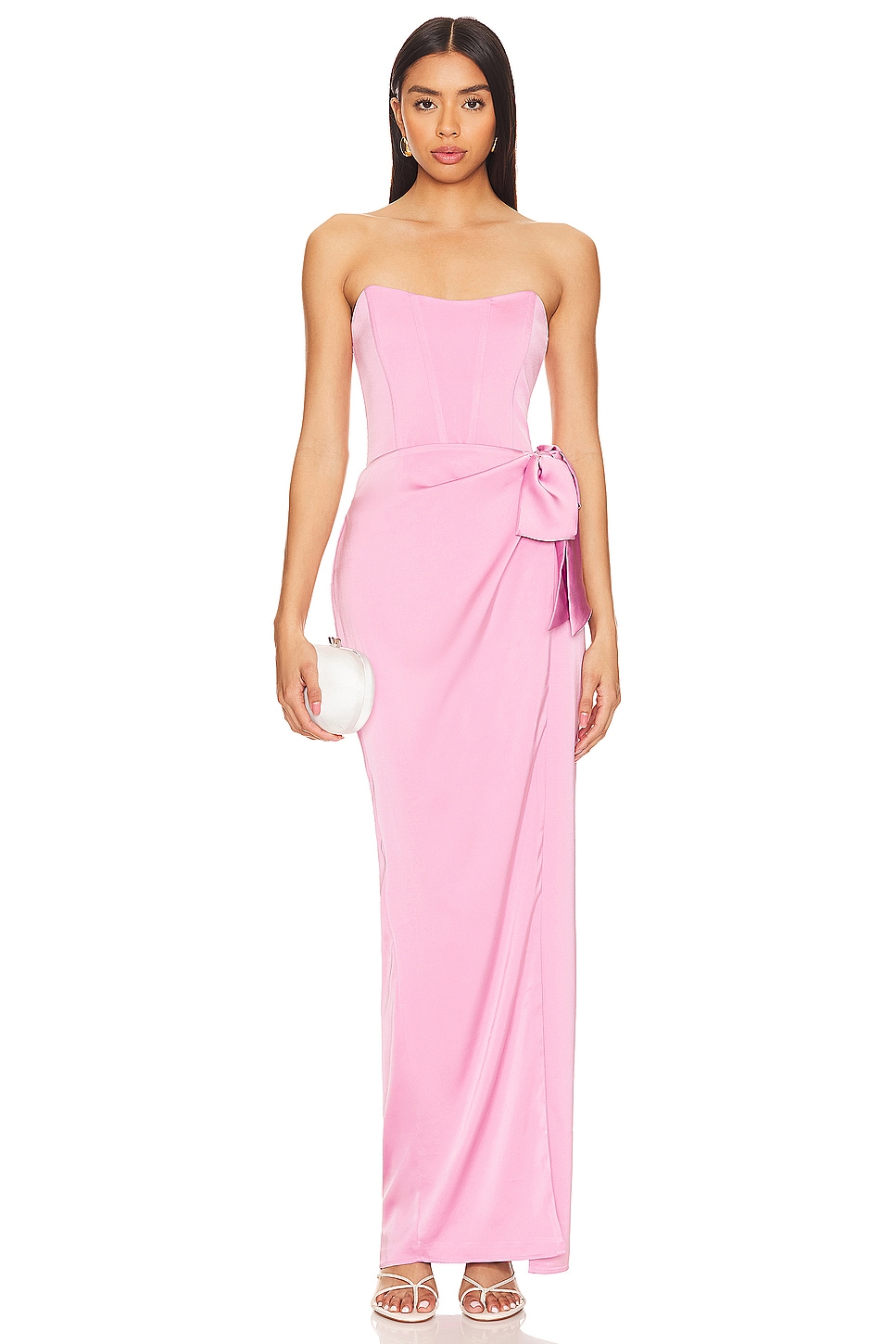 Pink wedding guest dress gown.