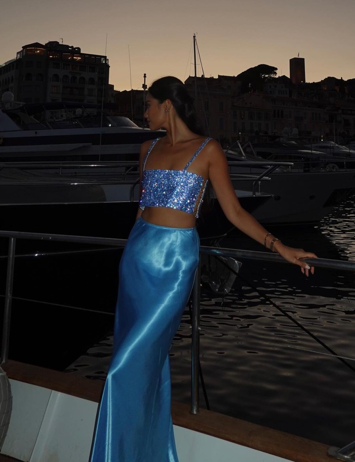 Blue satin maxi skirt with a blue sequin crop top